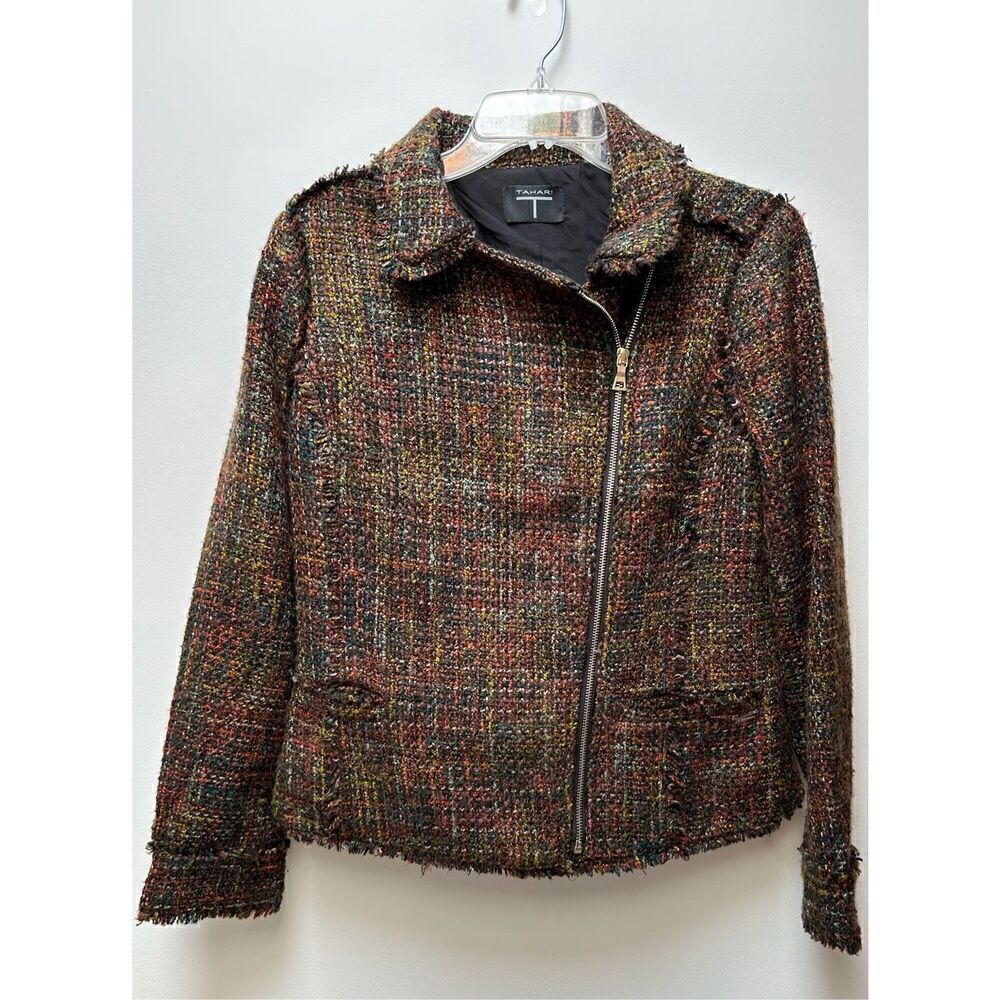 T Tahari women’s twill brown multi-color zip up fray edge blazer size 8 #26-1486